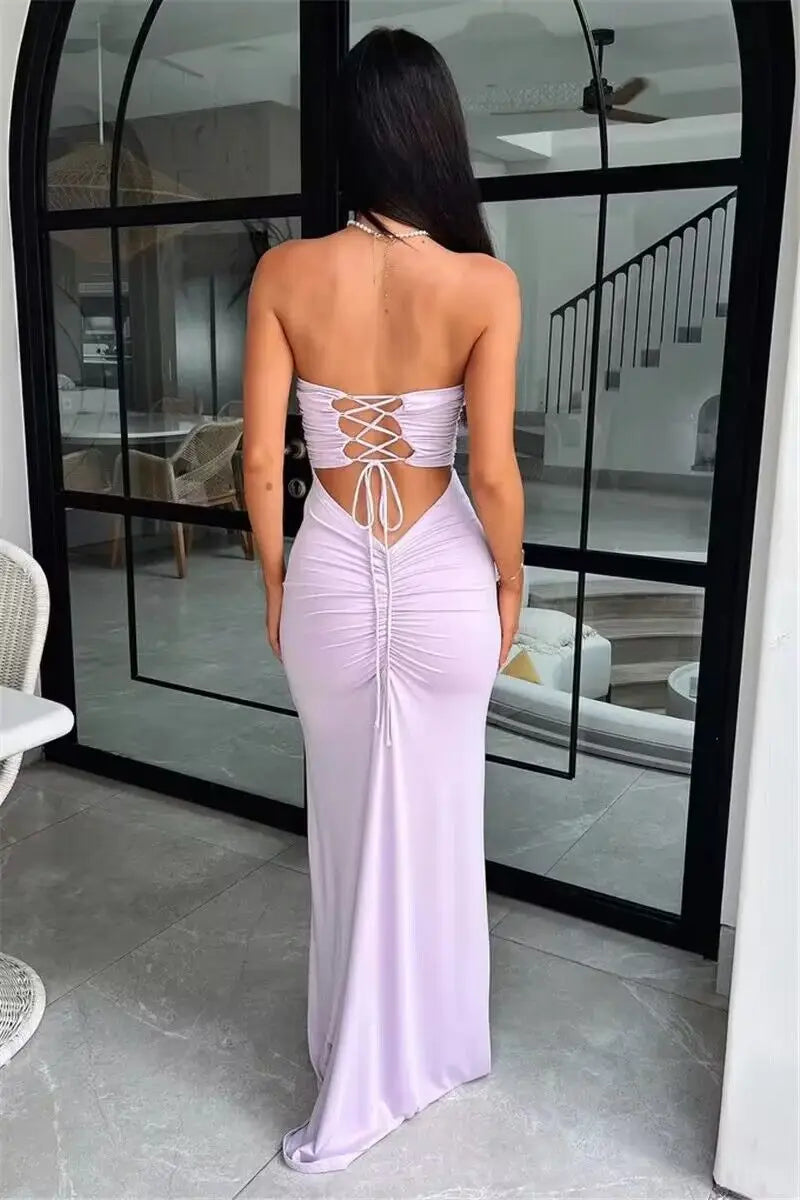 Strapless Backless Lace-up Maxi Dress