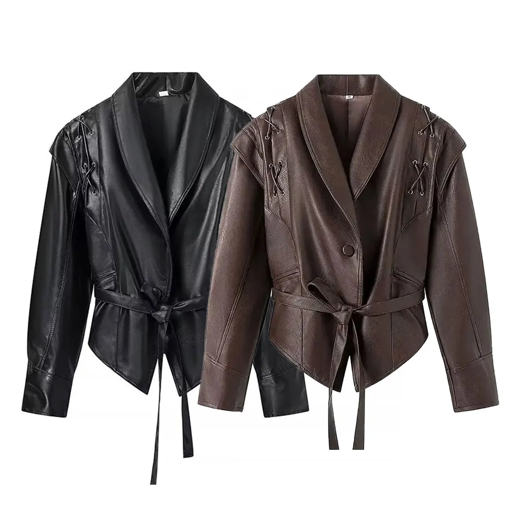 TRAFZA Female Street Leather Jacket 2024 Autumn Women's Versatile Brown Long Sleeves V-neck Single Breasted Lace-up Causal Coats