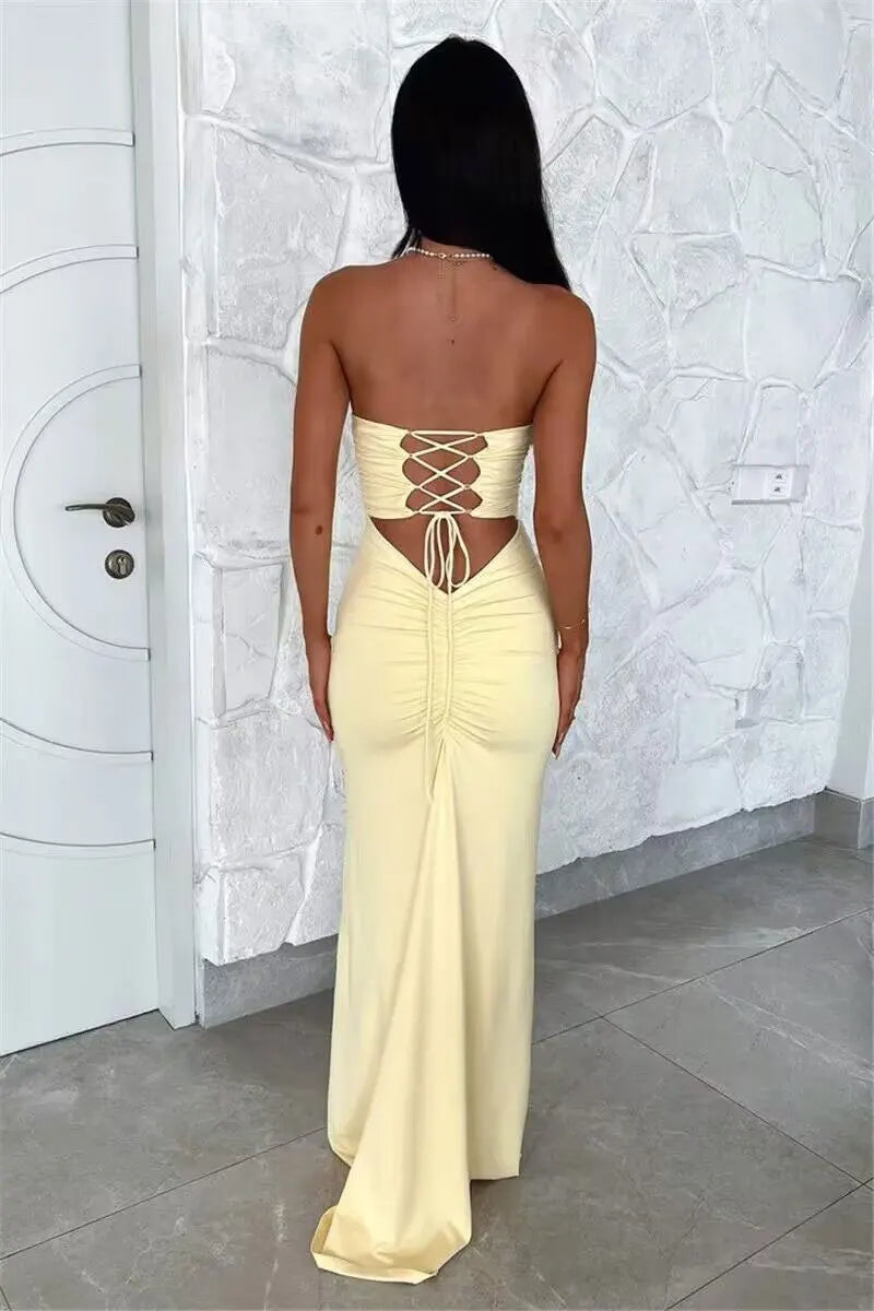 Strapless Backless Lace-up Maxi Dress