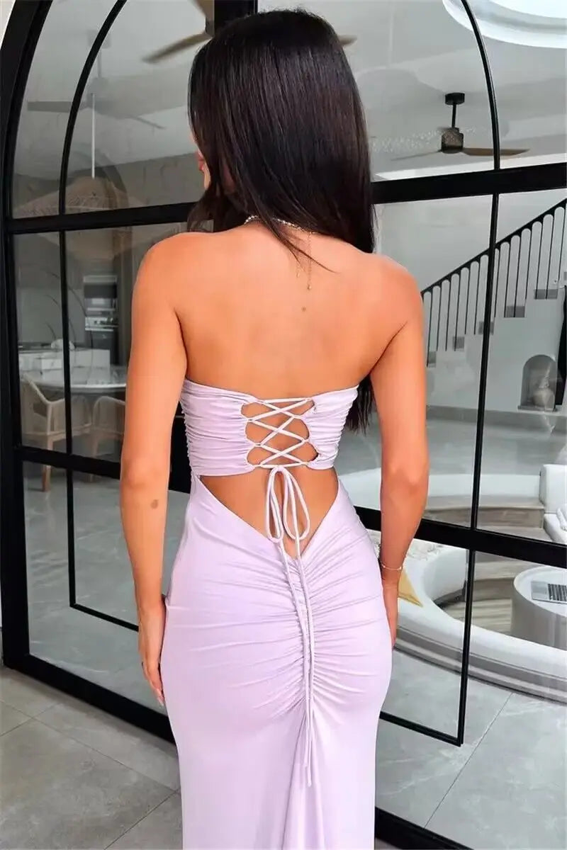 Strapless Backless Lace-up Maxi Dress