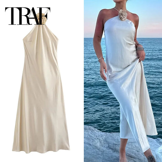 TRAF Flower Satin Long Dress Women Off Shoulder Halter Backless Dress Woman Summer Elegant Party Dresses Sexy Evening Dresses