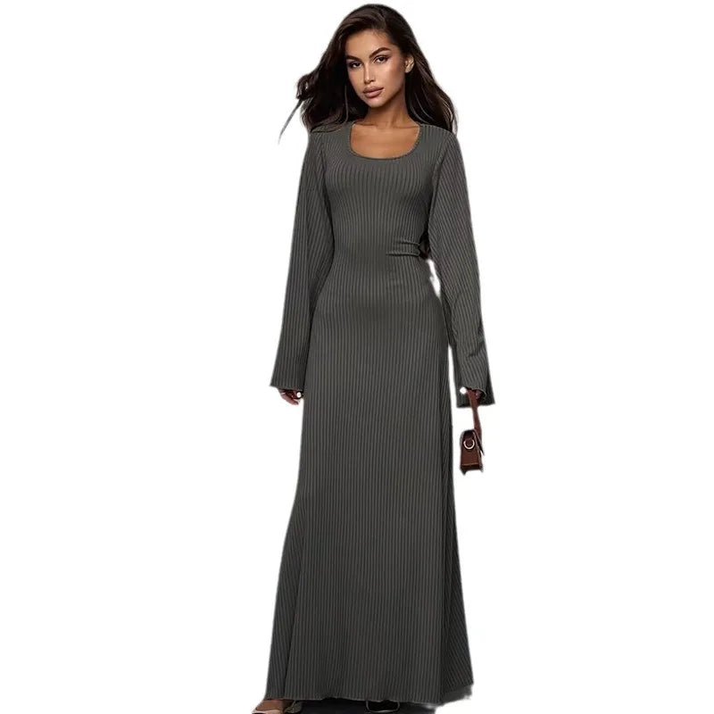 Solid Ribbed Trumpet Long Sleeve Maxi Dress Back Lace-Up Straps Elegant Casual  For Women A little thinner Dresses All seasons