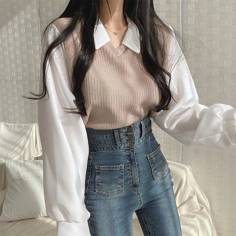 Summer Blouse Women Korean Style False Two-piece Polo Collar Blouses Y2k Tops Streetwear Loose Youth Pullovers Elegant Shirt