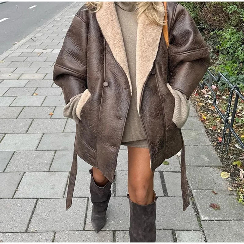 Thick Leather Jacket Women Winter Fashion Plush Single Breasted Turn-down Collar Belts Elegant Coat Female Long Sleeve Overcoat