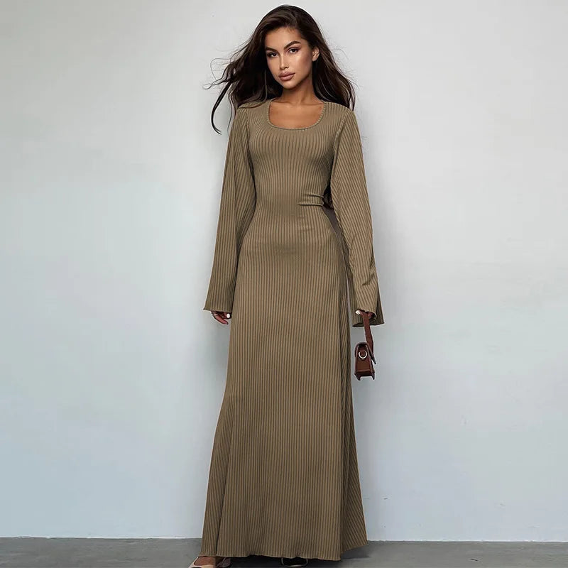 Solid Ribbed Trumpet Long Sleeve Maxi Dress Back Lace-Up Straps Elegant Casual  For Women A little thinner Dresses All seasons