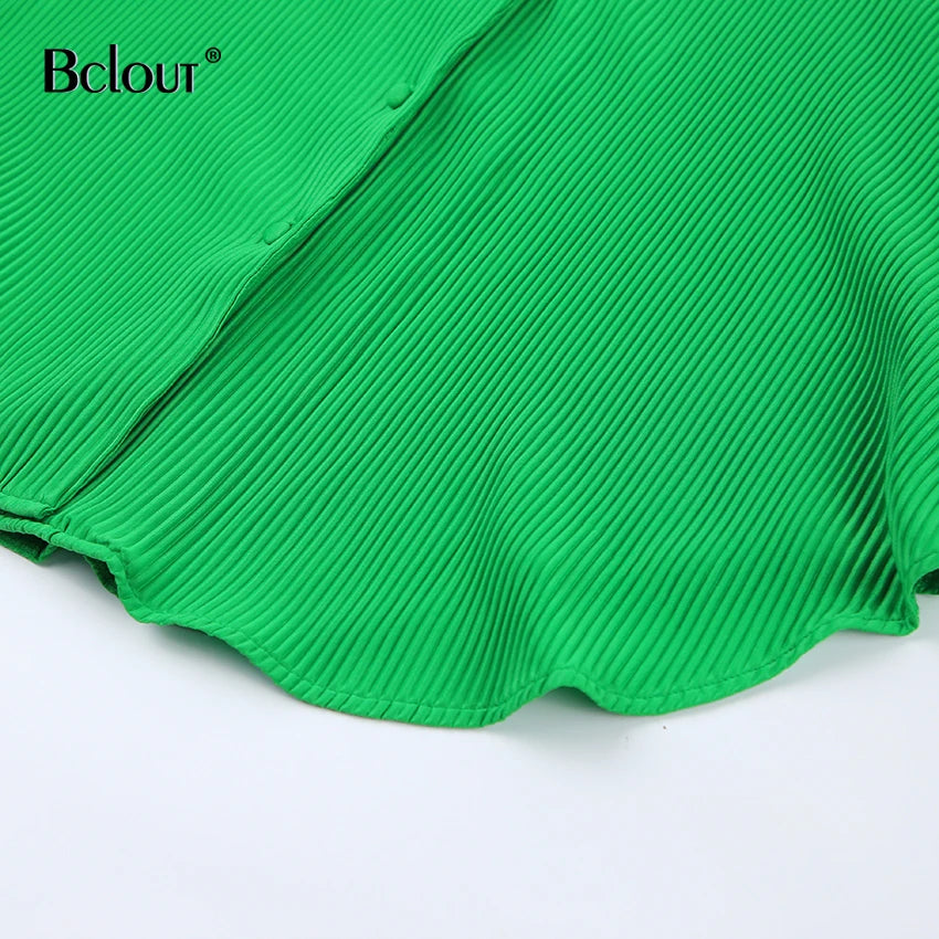 Bclout Green Pleated Sexy Dress Women High Waist Fashion Sashes Shirt Dresses Elegant Party Single Breasted Mini Dress Vintage