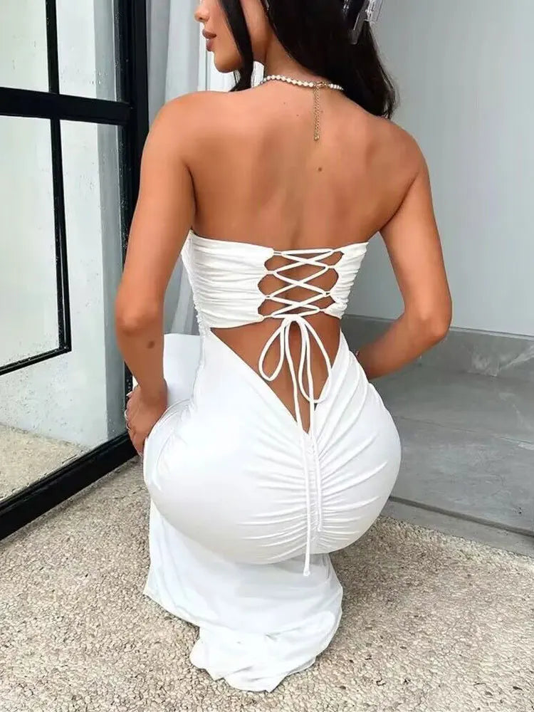 Strapless Backless Lace-up Maxi Dress