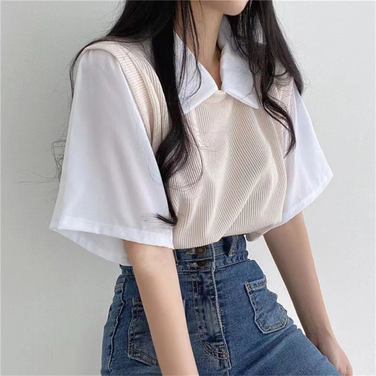 Summer Blouse Women Korean Style False Two-piece Polo Collar Blouses Y2k Tops Streetwear Loose Youth Pullovers Elegant Shirt