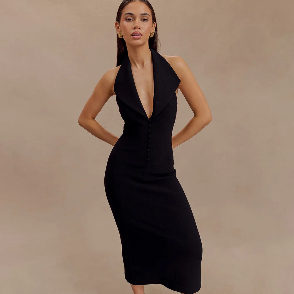 TARUXY Halter V Neck Backless Split Dress Women's Fashion Bodycon Sleeveless Sexy Long Dress Autumn New Slinky Waist Vest Dress