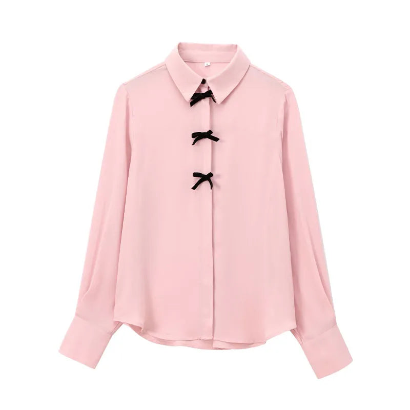 TRAFZA Autumn Fashion Women Blouses Pink Turn-Down Collar Long Sleeve Bow Decorate Single Breasted Female Casual Chic Shirts