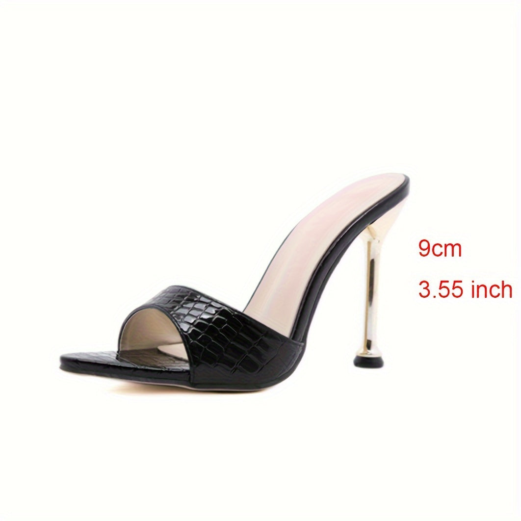 Women's Crocodile Pattern Thin High Heels, Pointy Peep Toe Slip On Stiletto Sandals, Fashionable Party & Banquet Shoes