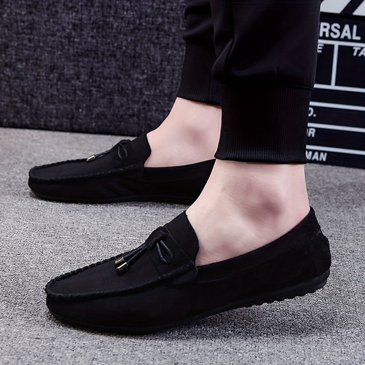 Men's Solid Color Breathable Slip On Tassel Loafer Shoes, Comfy Non Slip Casual Rubber Sole Dress Shoes, Men's Footwear