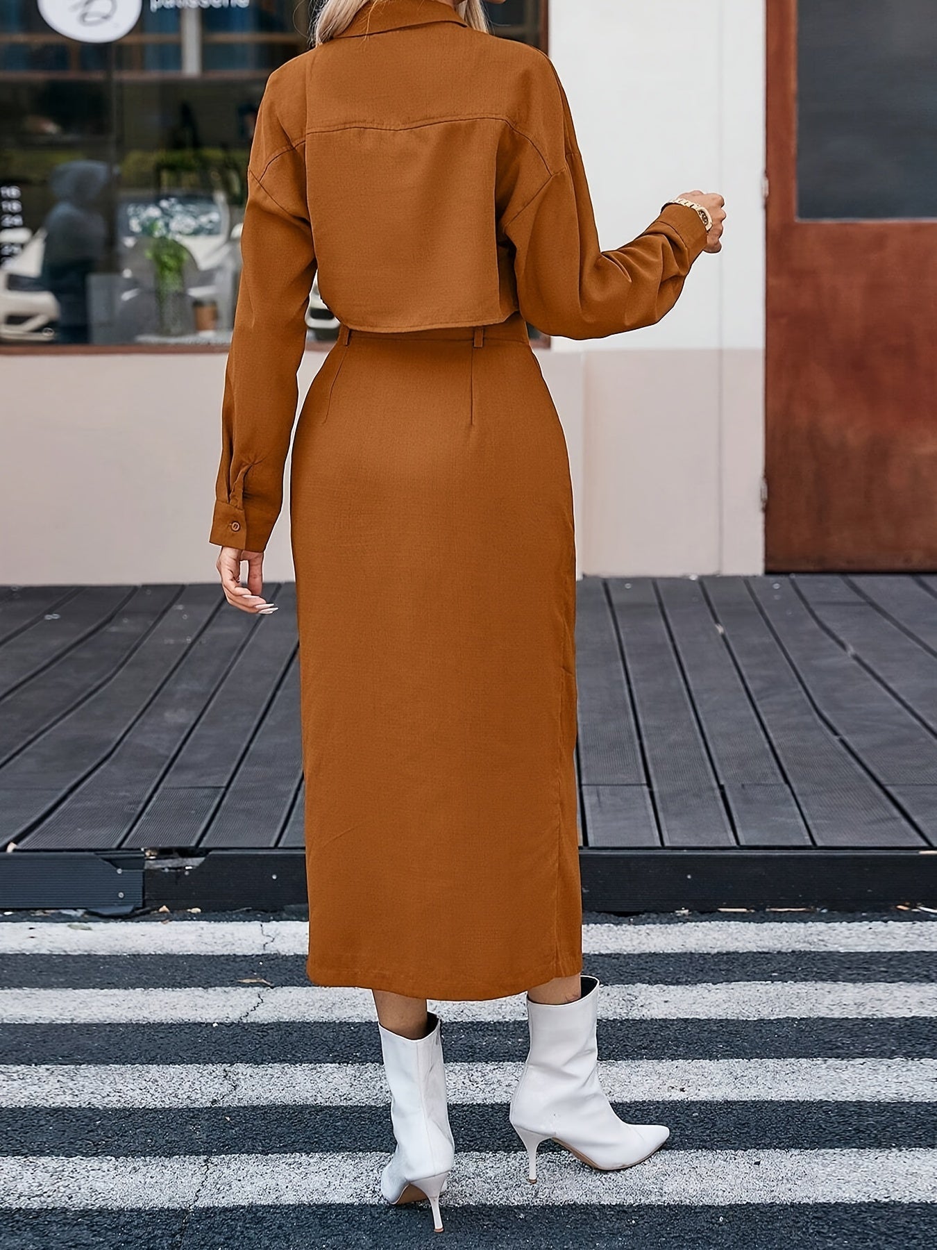 Solid Color Button Elegant Set, Crop Long Sleeve Shirt & Split Hem Midi Skirt, Women's Clothing