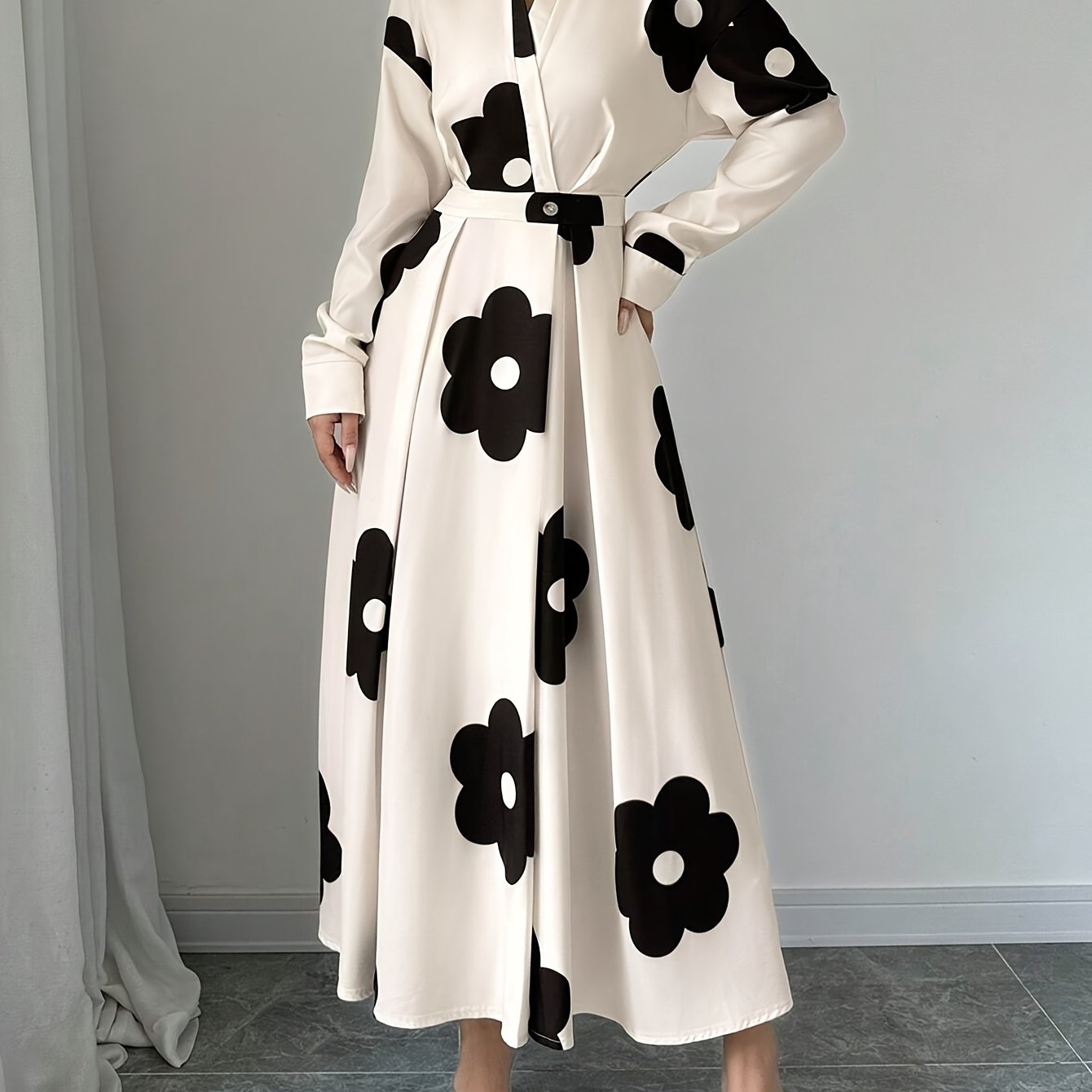 Floral Print Long Sleeve Dress, Elegant Lapel High Waist A-line Dress For Fall, Women's Clothing