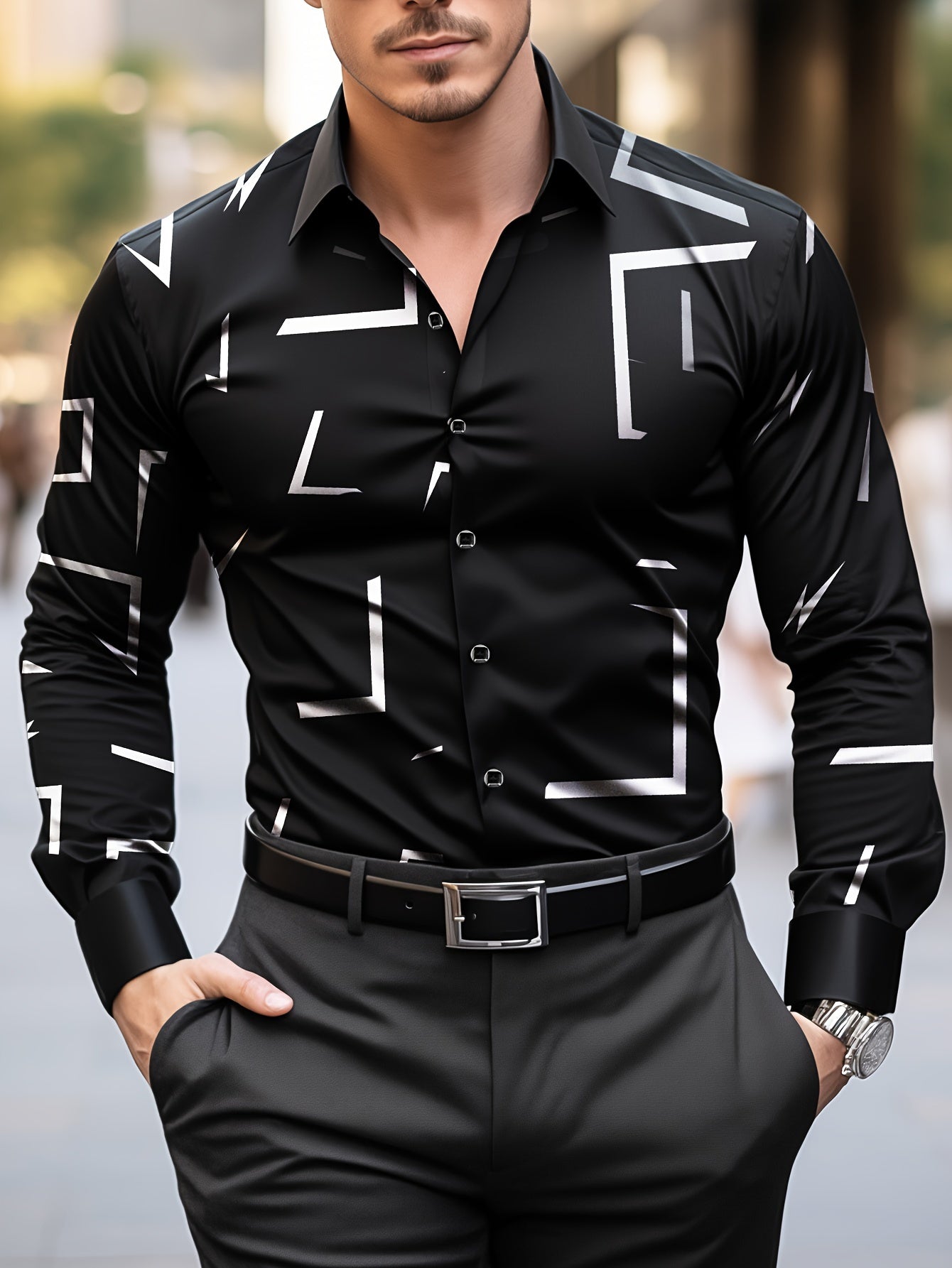 Stylish Slim-Fit Dress Shirt for Men - Long Sleeve, Button Detail, Machine Washable, Breathable, Comfortable, Versatile for All Seasons and Occasions