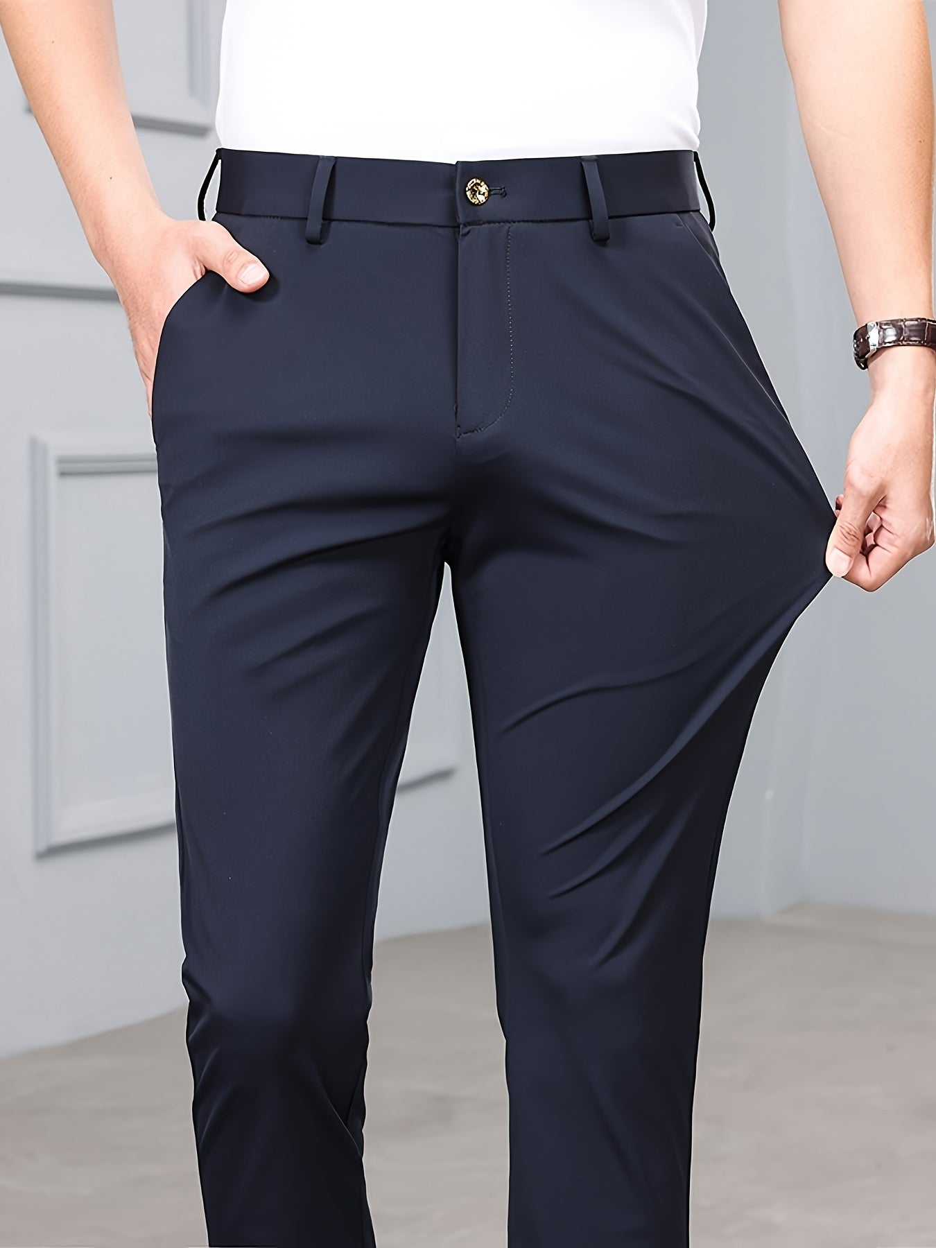 Men's Solid Dress Pants With Pockets, Casual Skinny High Stretch Trousers For Outdoor, Old Money Style