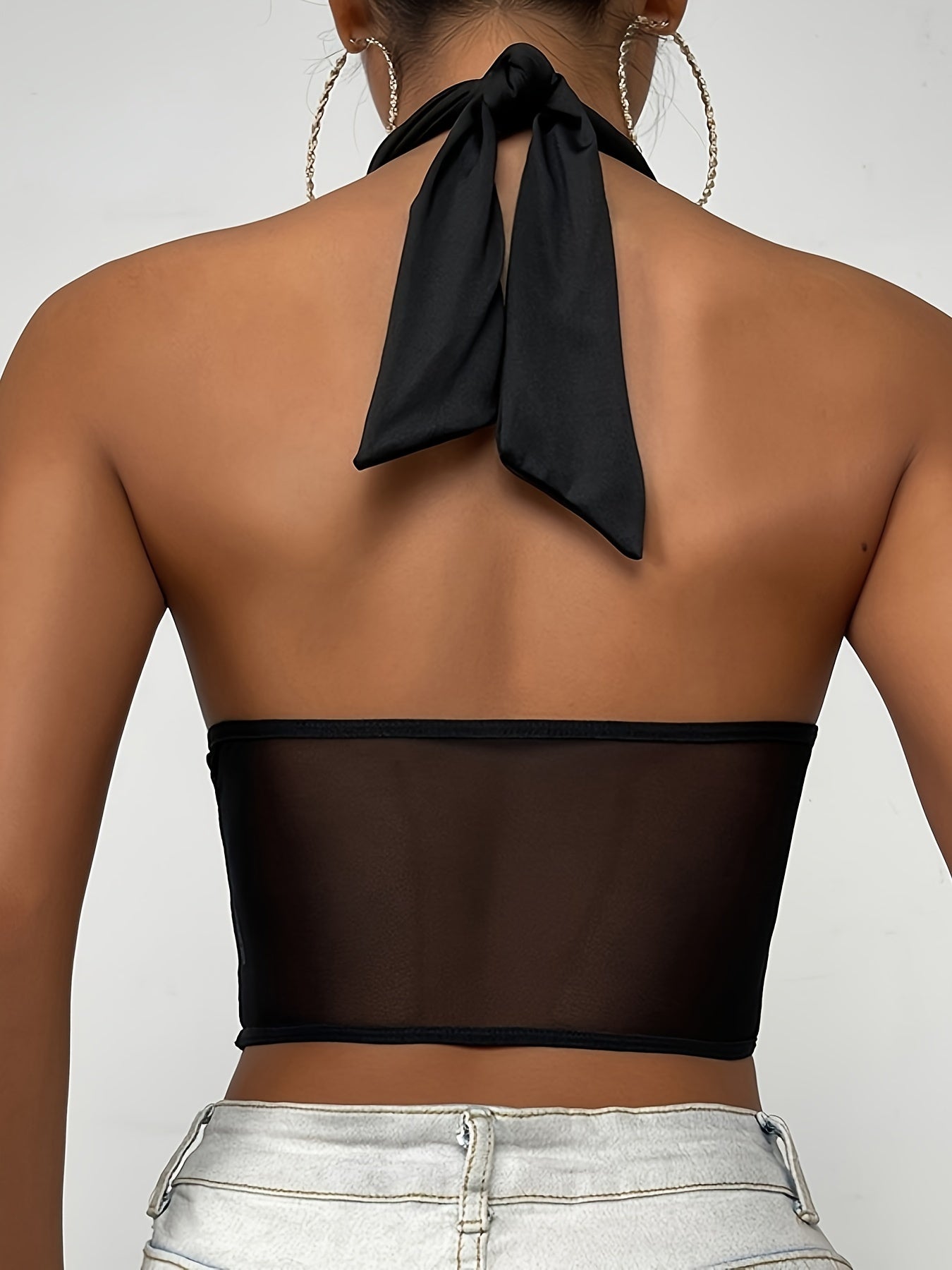 Solid Mesh Contrast Halter Semi Sheer Top, Sexy Hollow Out Top, Women's Lingerie & Underwear