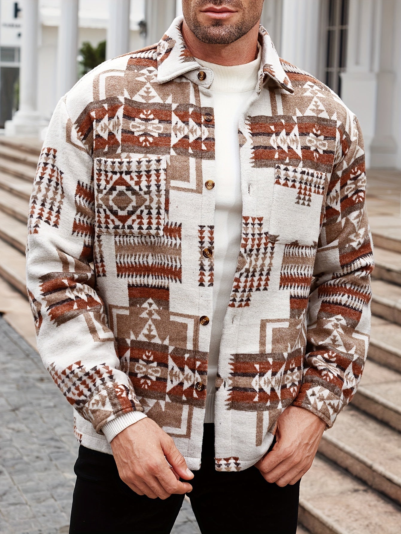 Men's Ethnic Geometric Pattern Long Sleeve Shirt For Winter And Fall, Loose Fit Casual Comfy Shirt As Gift