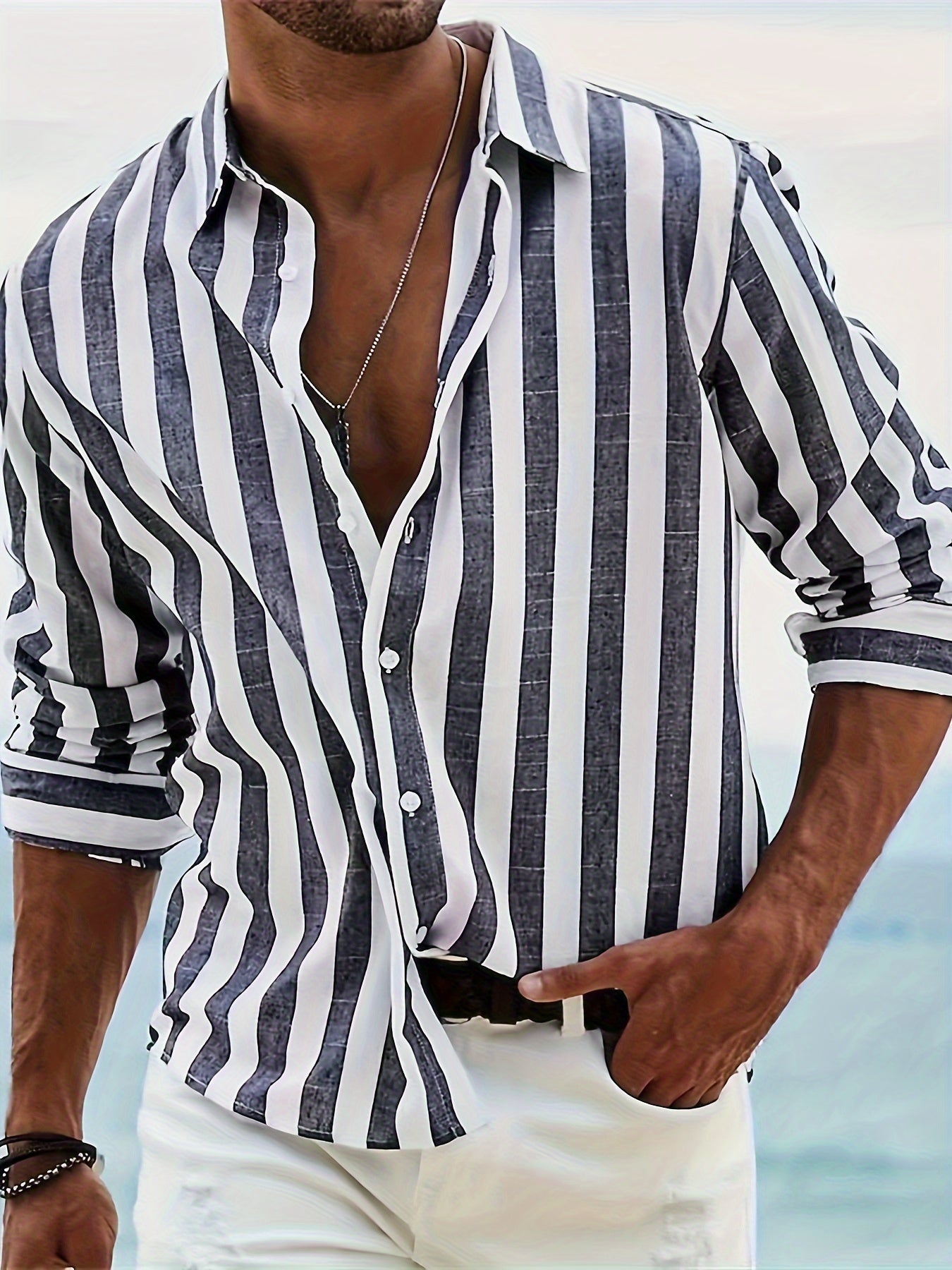 Men's Stylish Striped Long Sleeve Lapel Shirt For Spring And Fall, Casual Comfy Trendy Shirt As Gift