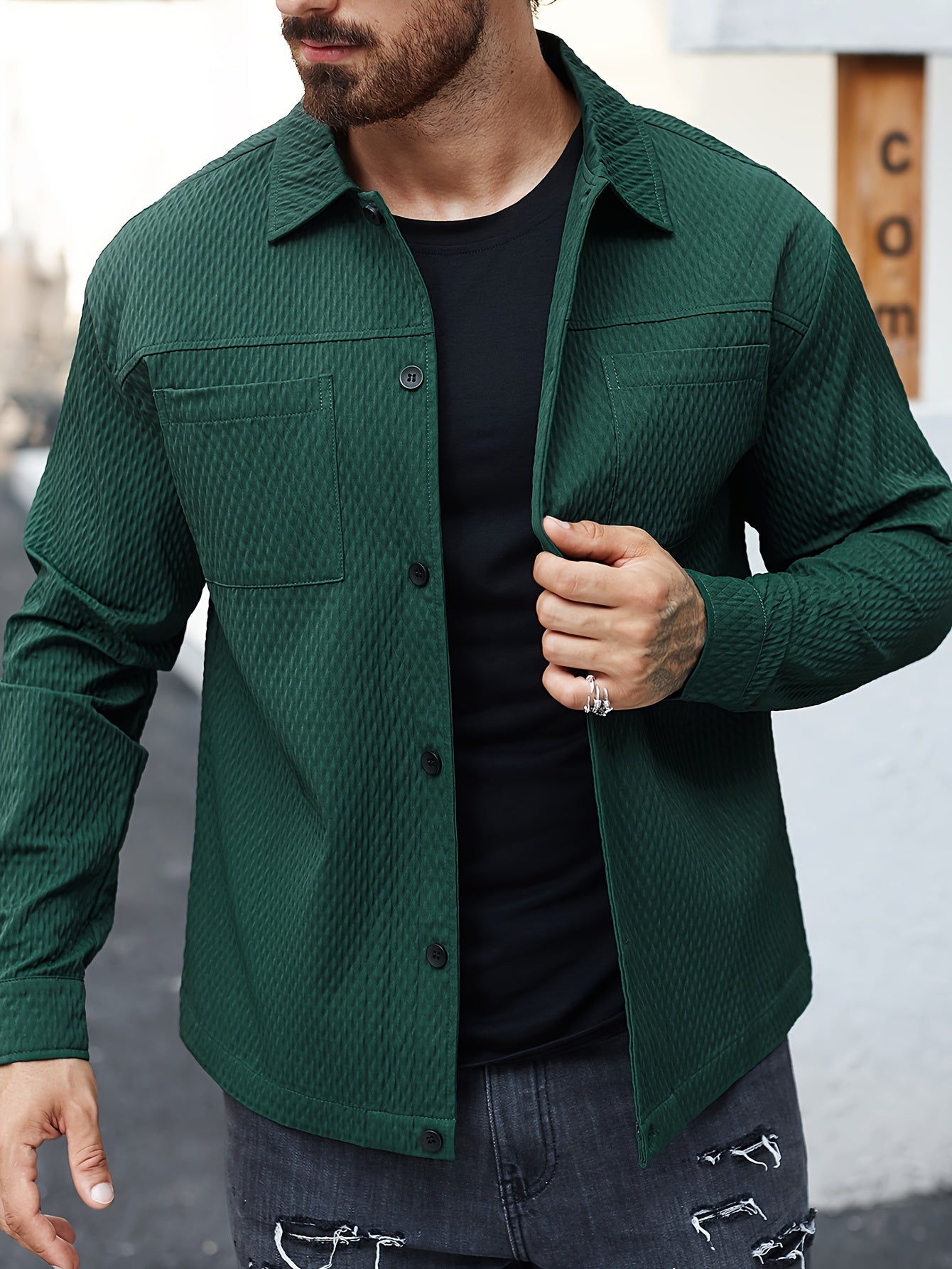 Men's Solid Color Textured Long Sleeve Shirt For Winter And Fall, Casual Comfy Shirt As Gift