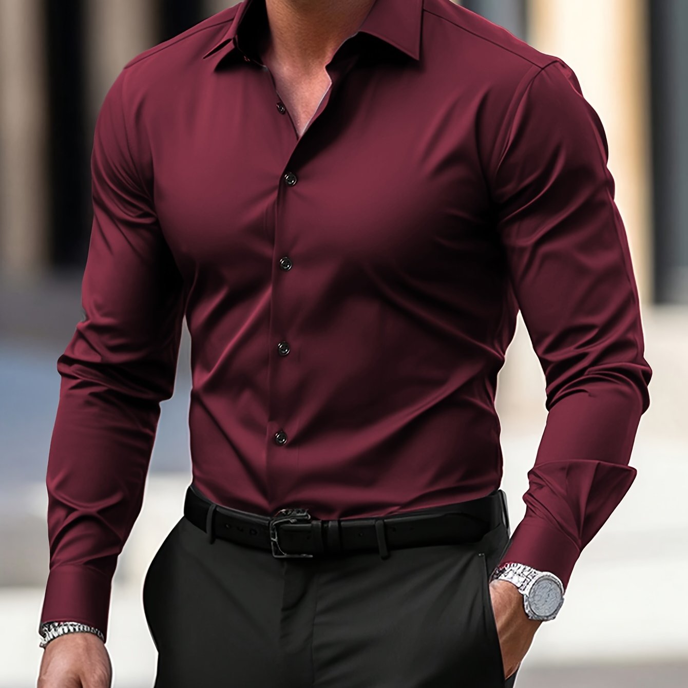 Elegant Solid Color Men'S Dress Shirt - Polyester Woven Button-Up with Regular Fit, Reversible Collar, All-Season Comfort