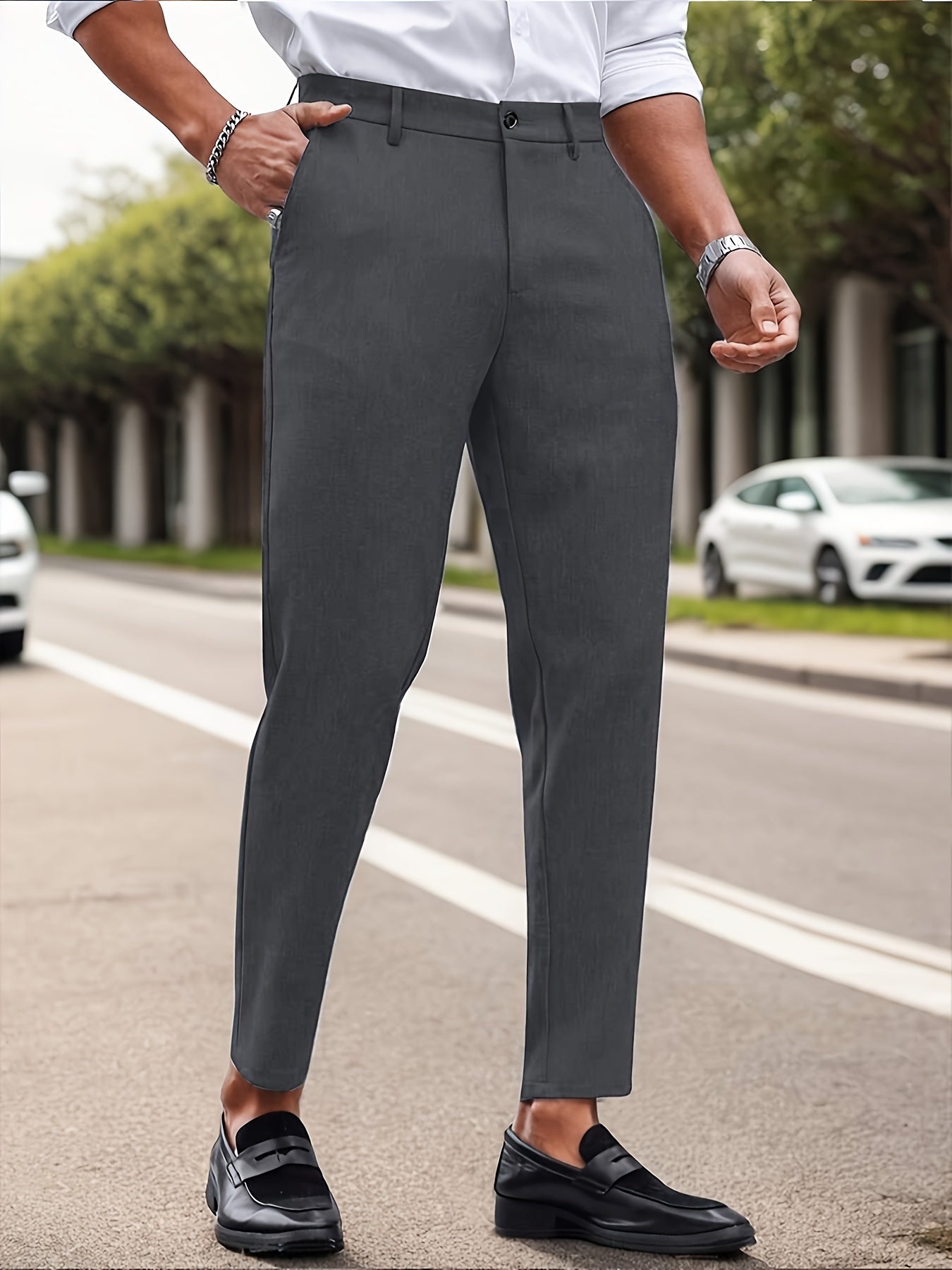 Men's Slim-Fit Stretch Dress Pants - Solid Color, Business Casual with Zip Detail for Fall/Winter