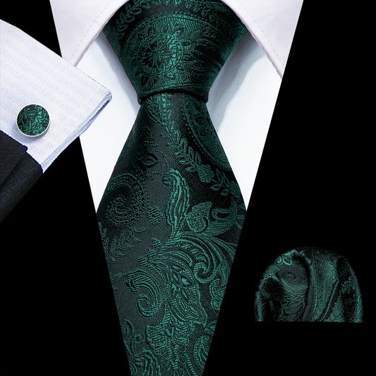 Barry.Wang Men's Tie Green Paisley Floral Jacquard Tie Pocket Square And Cufflinks Set Wedding Party, Ideal choice for Gifts