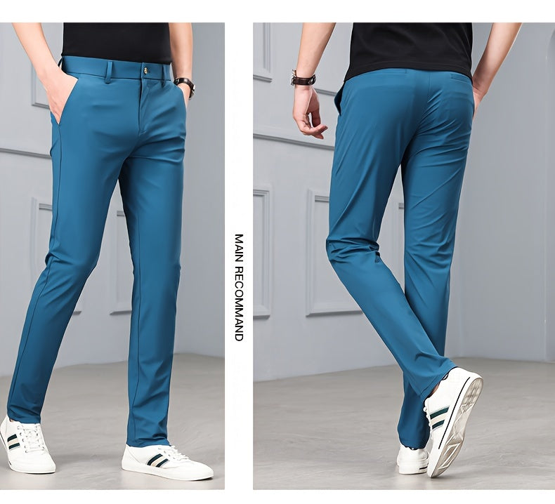 Men's Solid Dress Pants With Pockets, Casual Skinny High Stretch Trousers For Outdoor, Old Money Style