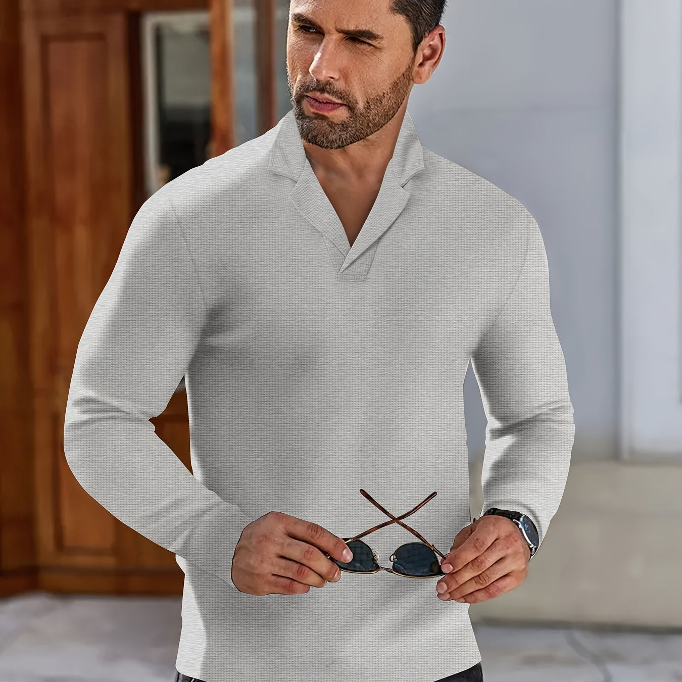 Men's Casual Long Sleeve Knitted Shirt With Suit Collar - Spring/Autumn Long Sleeve Pullover Top