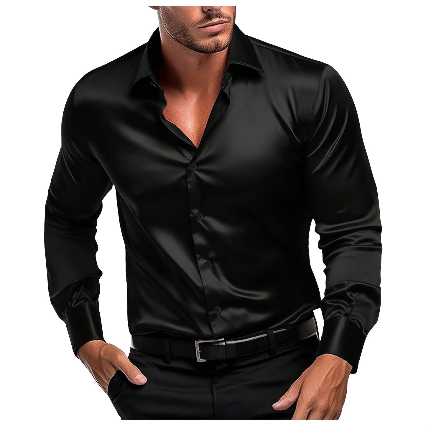 Men's Classic Solid Long Sleeve Simple Turn-Down Collar Dress Shirt, Spring/Autumn Single Breasted Long Sleeve Shirt For Business/Formal Wear