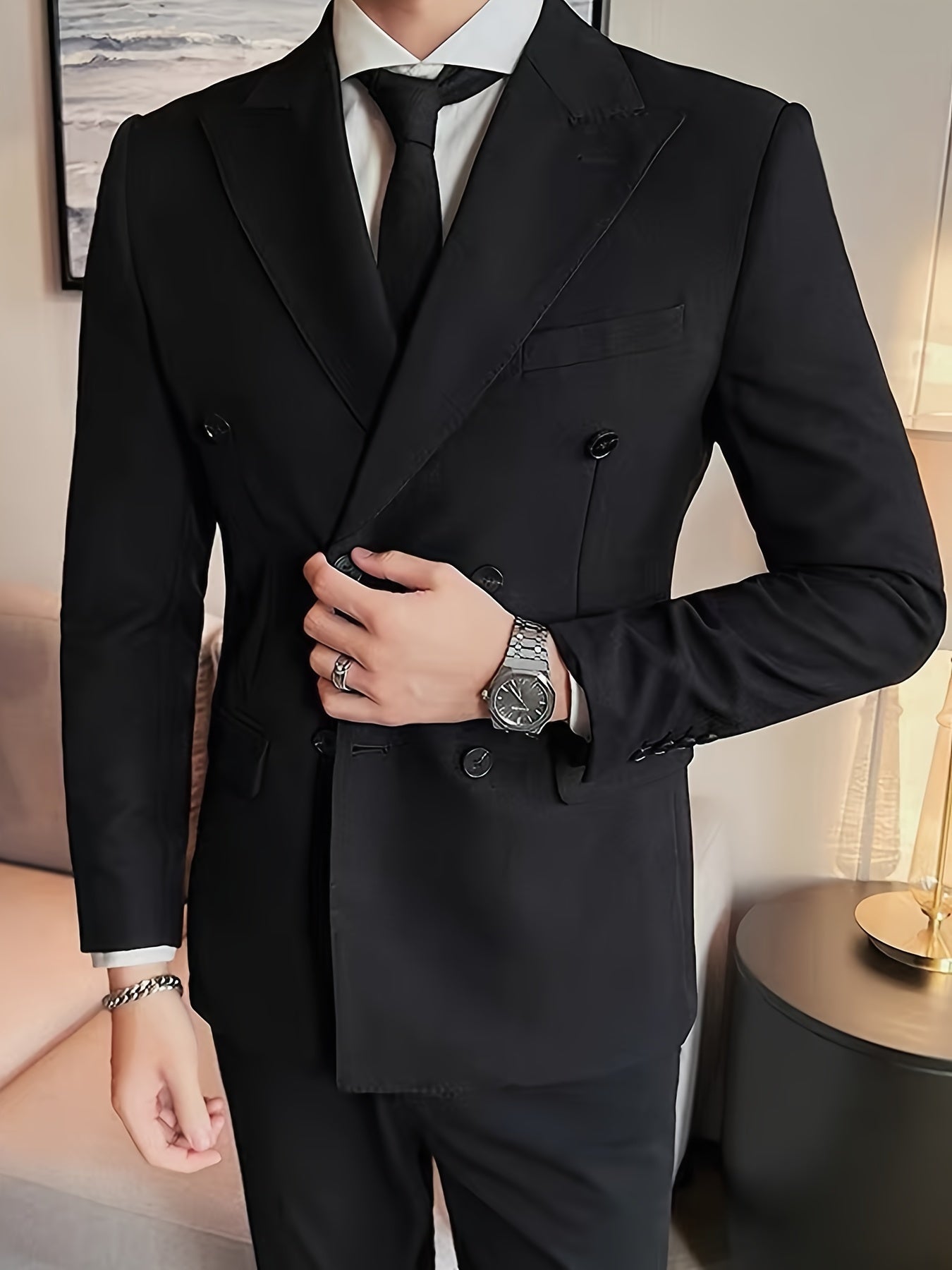 Elegant Men's Double-Breasted Blazer - Slim Fit, Long Sleeve Suit Jacket for Weddings & Formal Events, Polyester