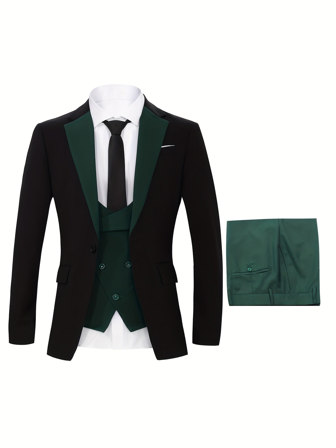 3pcs Men's Dress Suit Set, Contrast Color Notch Lapel Blazer, Shawl Lapel Waistcoat With Novel Button Design, And Solid Pants, Suitable For Banquet And Party Wear, No Accessories Included