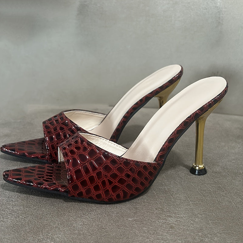 Women's Crocodile Pattern Thin High Heels, Pointy Peep Toe Slip On Stiletto Sandals, Fashionable Party & Banquet Shoes