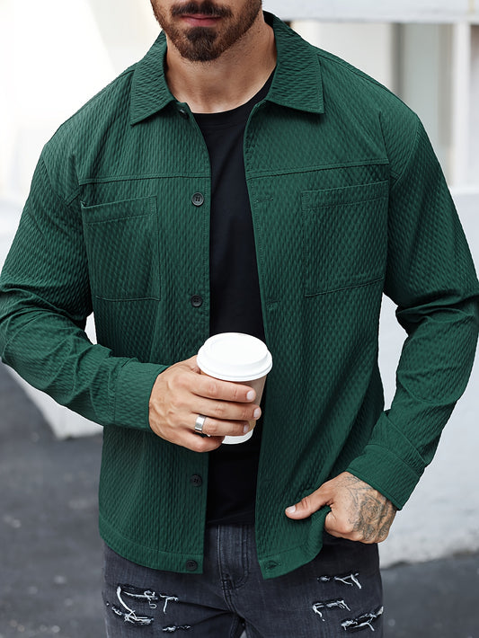 Men's Solid Color Textured Long Sleeve Shirt For Winter And Fall, Casual Comfy Shirt As Gift