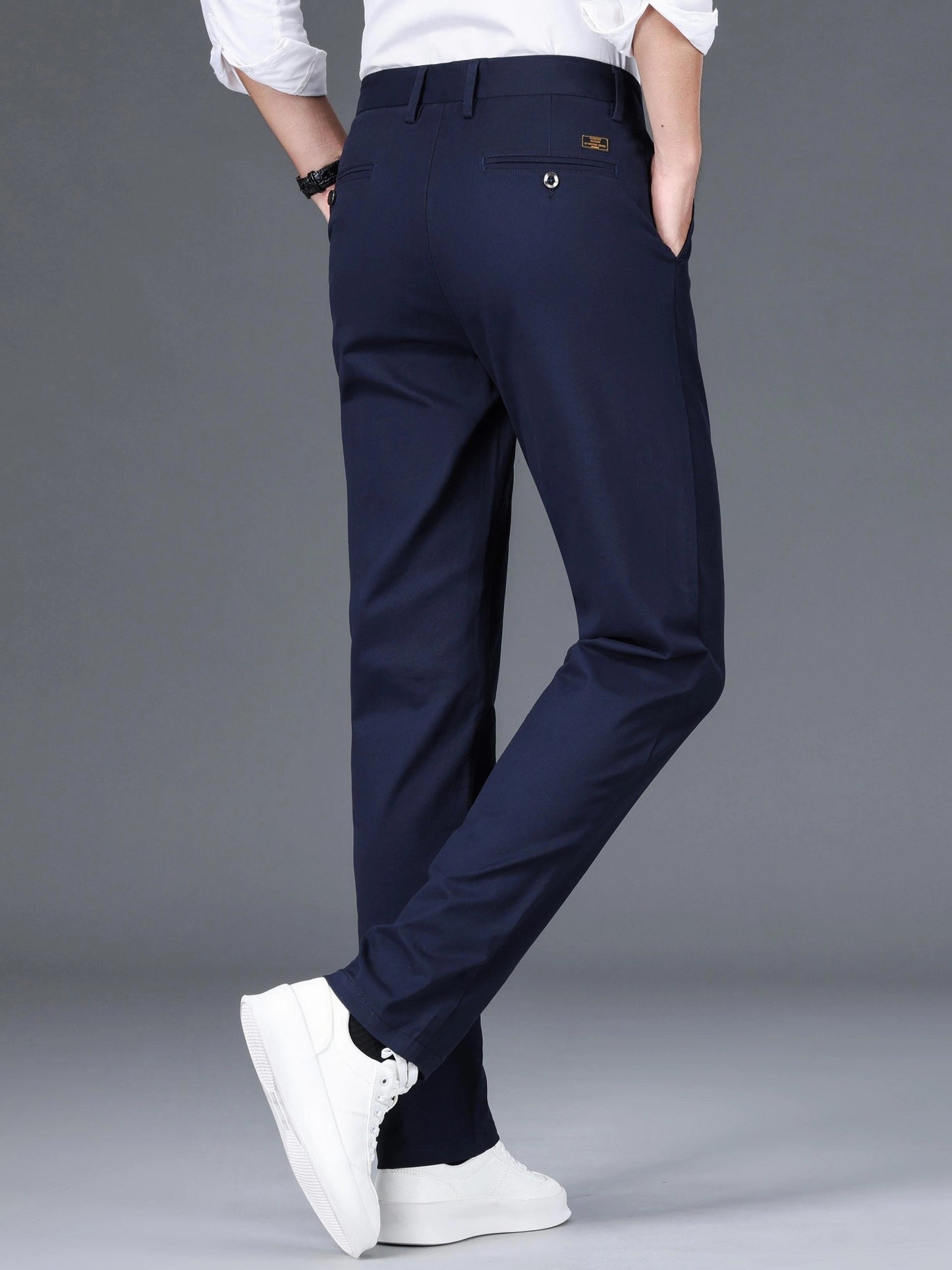 Men's Four-Season Business Casual Dress Pants, Comfortable Micro-Elastic Slim-Fit Cotton Blend Trousers With Pockets, Regular Length, Solid Color