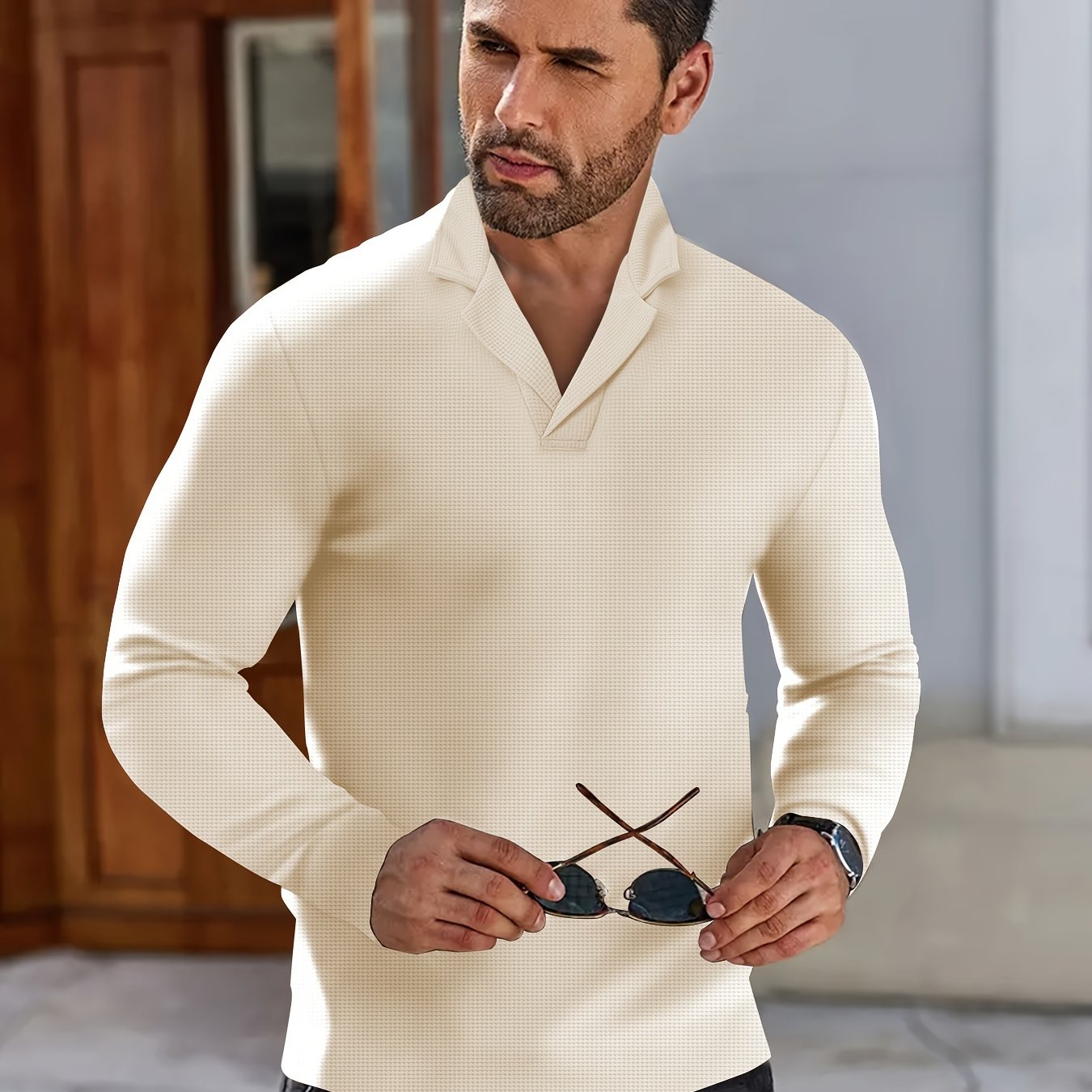 Men's Casual Long Sleeve Knitted Shirt With Suit Collar - Spring/Autumn Long Sleeve Pullover Top