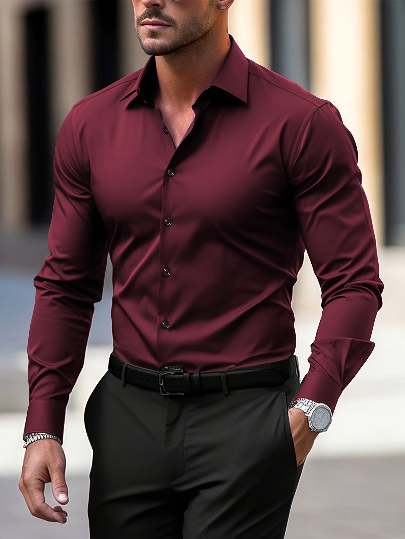 Elegant Solid Color Men'S Dress Shirt - Polyester Woven Button-Up with Regular Fit, Reversible Collar, All-Season Comfort