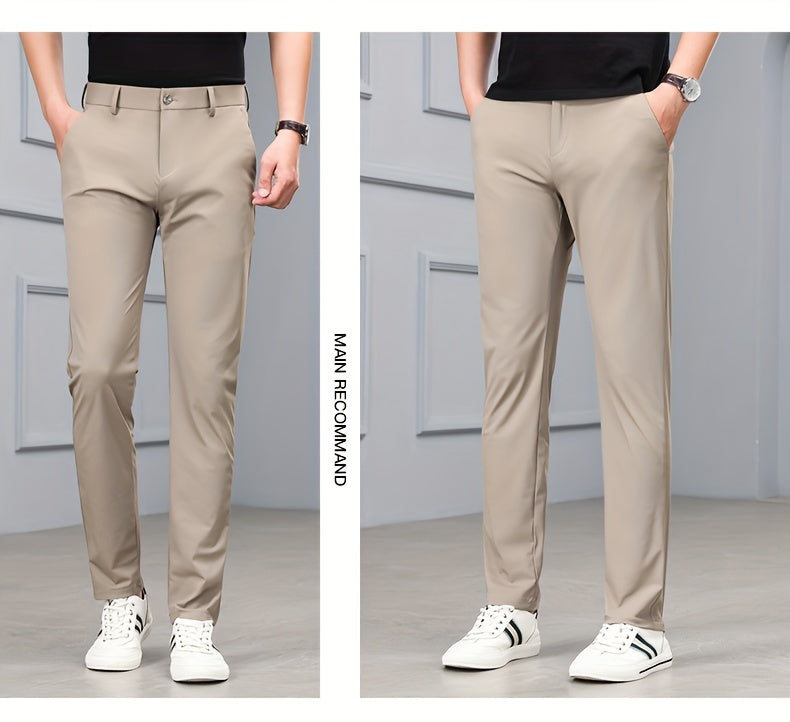 Men's Solid Dress Pants With Pockets, Casual Skinny High Stretch Trousers For Outdoor, Old Money Style