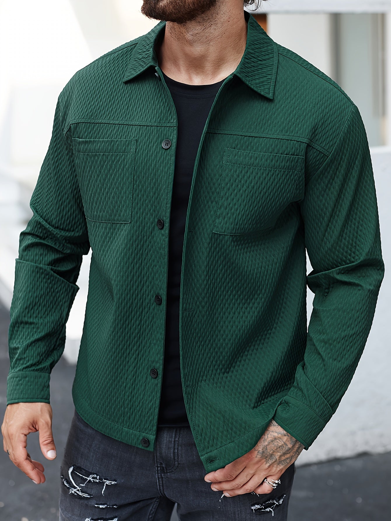 Men's Solid Color Textured Long Sleeve Shirt For Winter And Fall, Casual Comfy Shirt As Gift