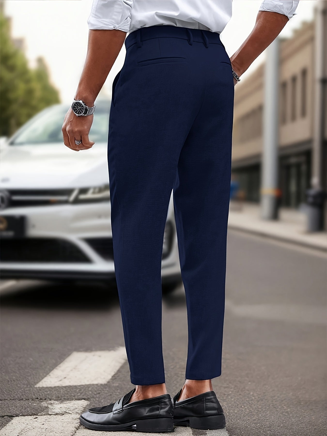 Men's Slim-Fit Stretch Dress Pants - Solid Color, Business Casual with Zip Detail for Fall/Winter