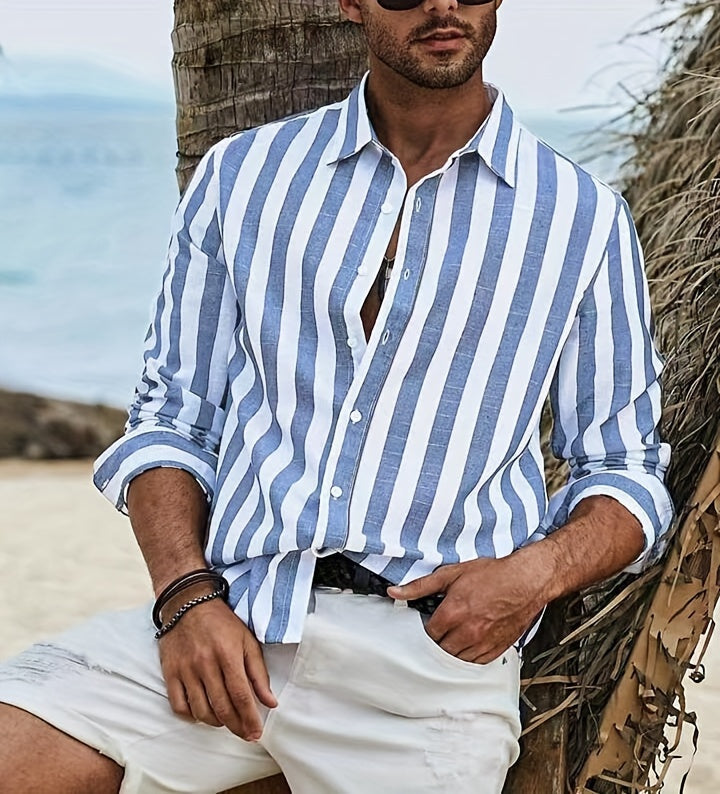 Men's Stylish Striped Long Sleeve Lapel Shirt For Spring And Fall, Casual Comfy Trendy Shirt As Gift