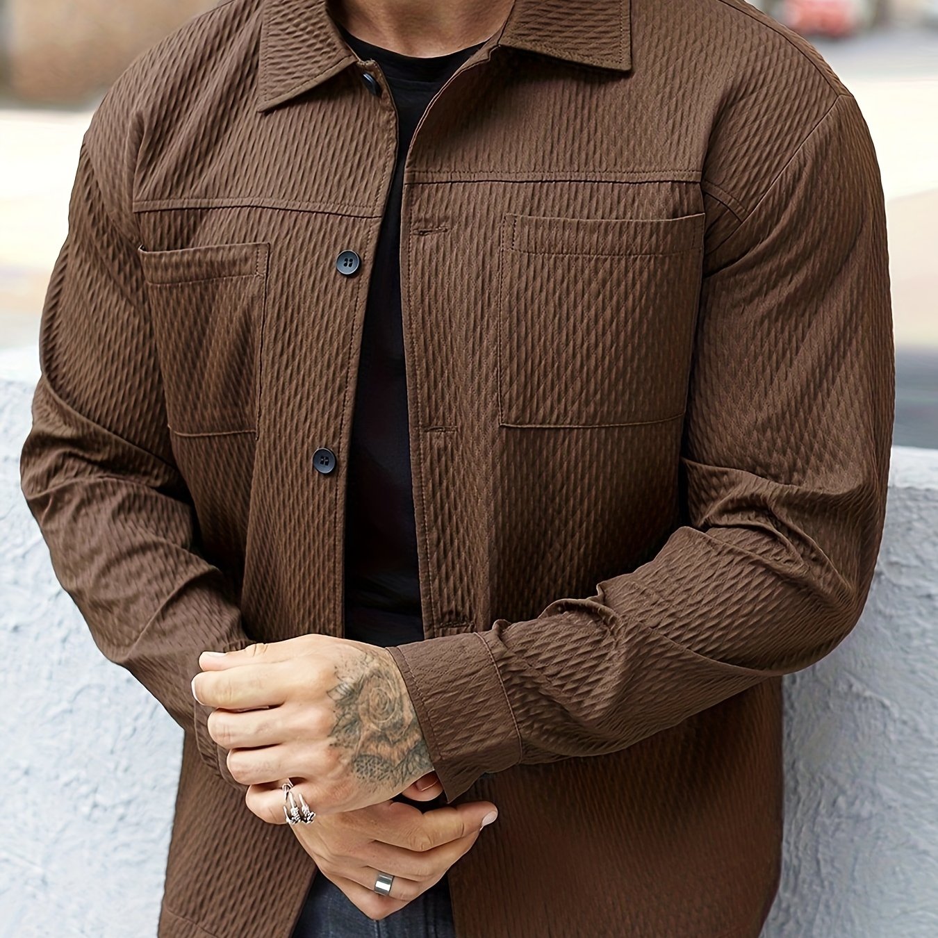 Men's Solid Color Textured Long Sleeve Shirt For Winter And Fall, Casual Comfy Shirt As Gift