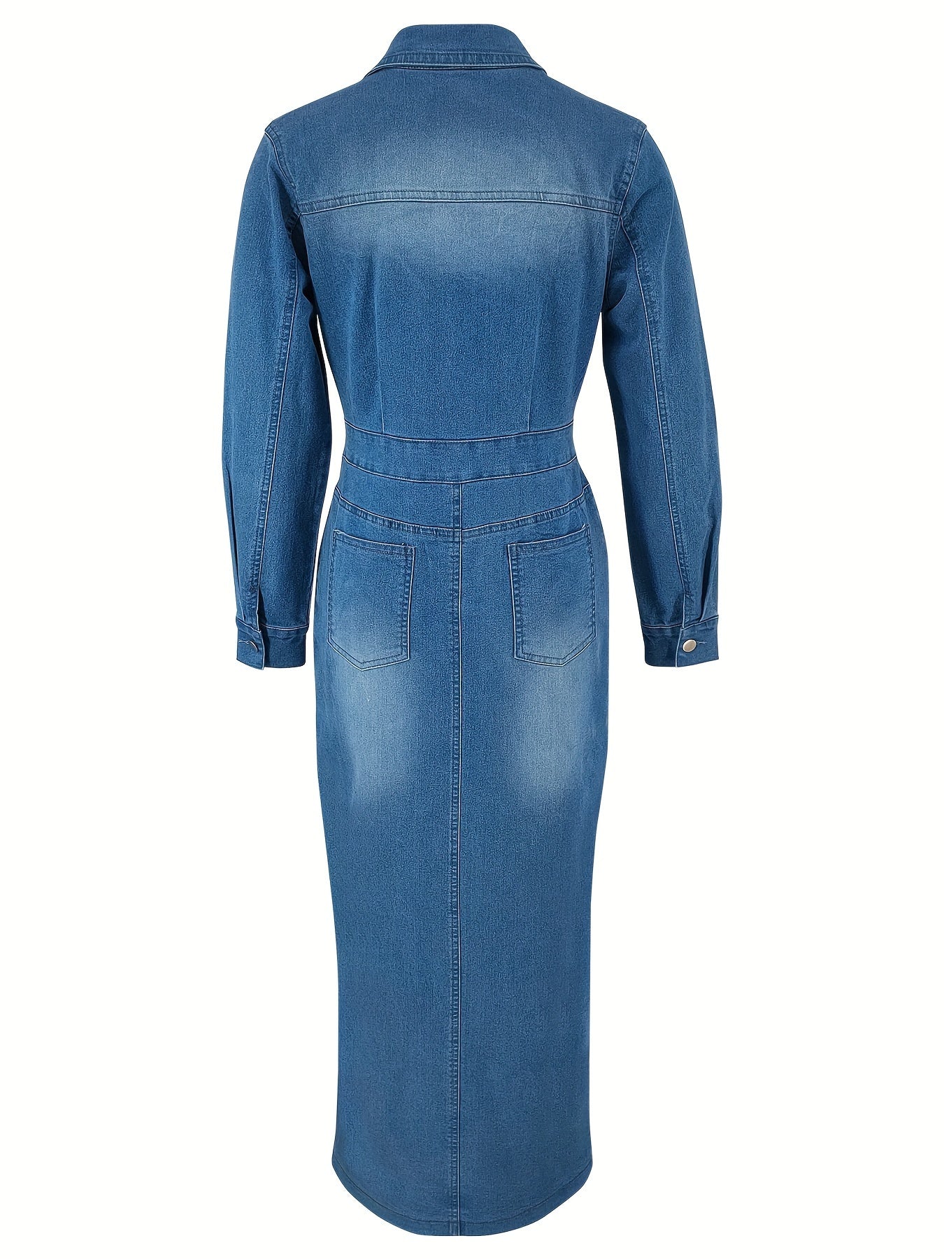 Stylish Long Sleeve Denim Dress for Women - Soft Stretch Fabric, Machine Washable, Two Side Pockets, Perfect for Fall and Winter Seasons, Casual Chic Style