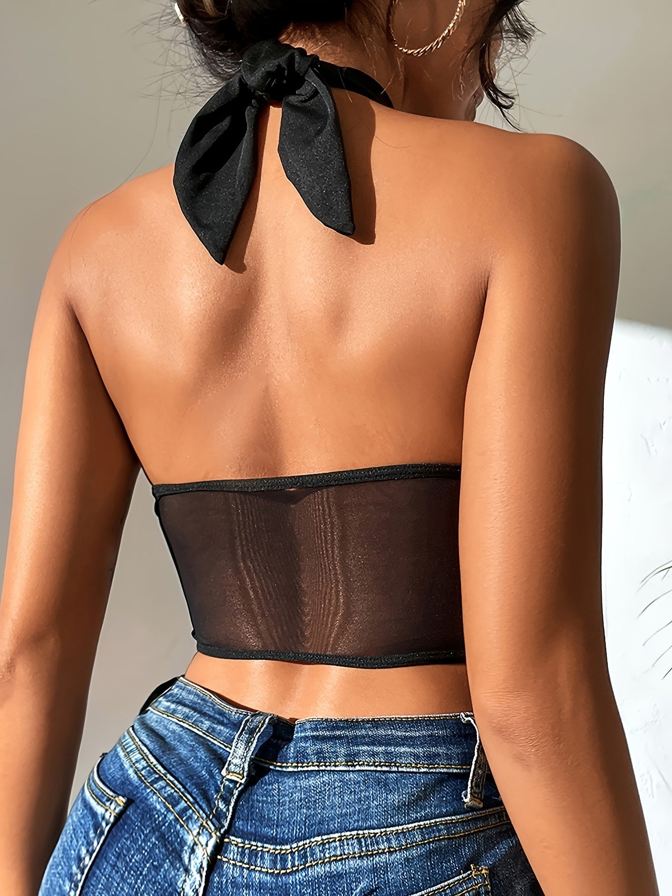 Solid Mesh Contrast Halter Semi Sheer Top, Sexy Hollow Out Top, Women's Lingerie & Underwear