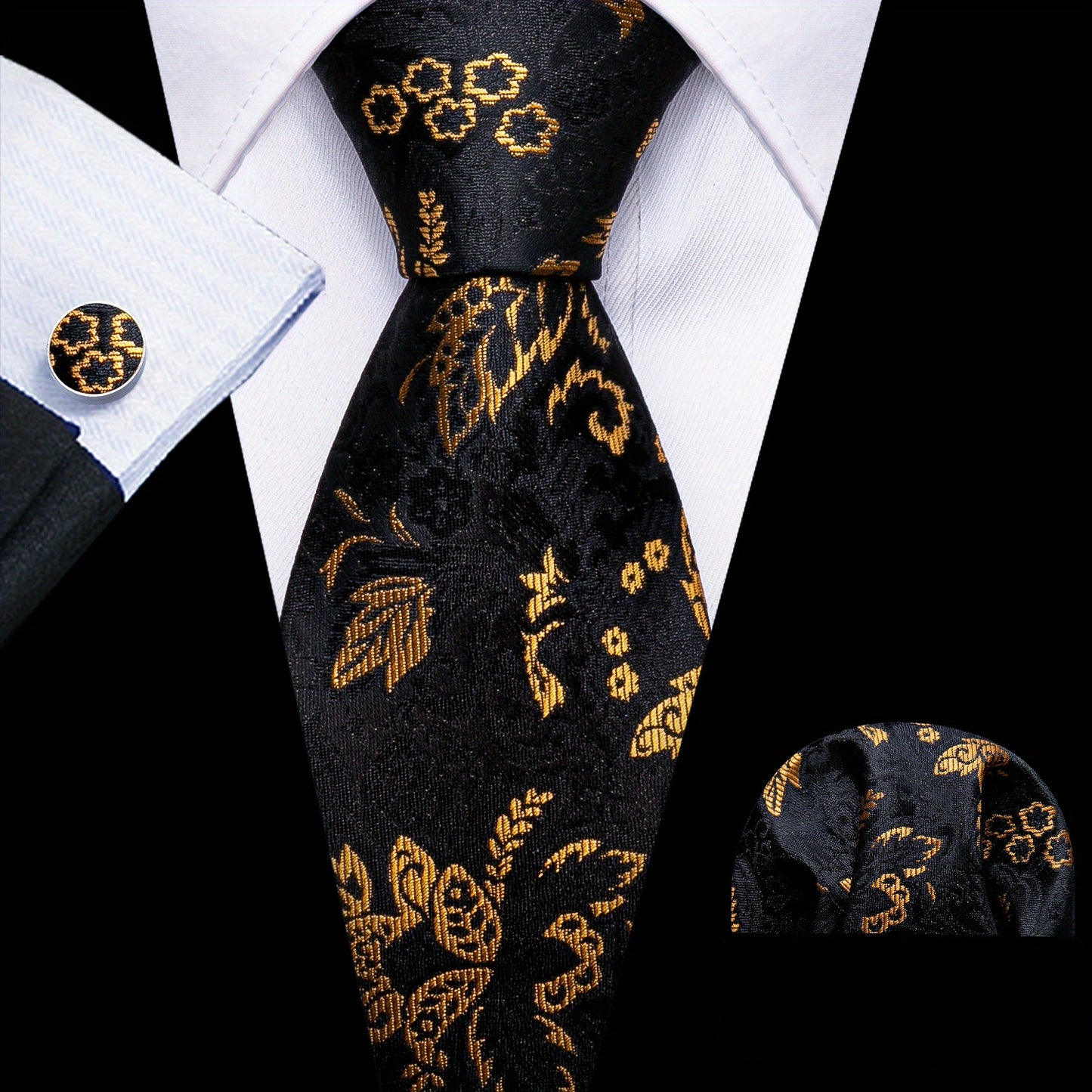 Barry.Wang Men's Tie Green Paisley Floral Jacquard Tie Pocket Square And Cufflinks Set Wedding Party, Ideal choice for Gifts