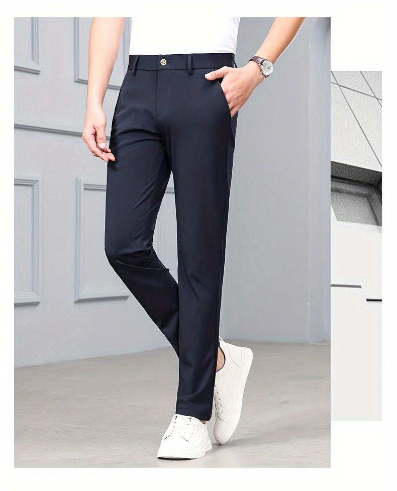 Men's Solid Dress Pants With Pockets, Casual Skinny High Stretch Trousers For Outdoor, Old Money Style