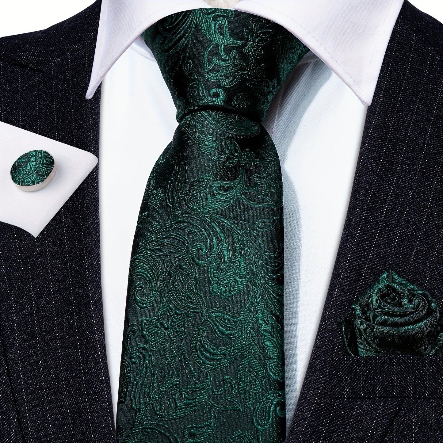 Barry.Wang Men's Tie Green Paisley Floral Jacquard Tie Pocket Square And Cufflinks Set Wedding Party, Ideal choice for Gifts