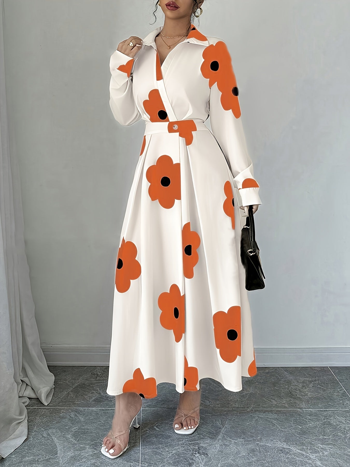 Elegant Floral Print Midi Dress for Women - Long Sleeve, Cinched Waist with Belt, Casual Polyester, Machine Washable