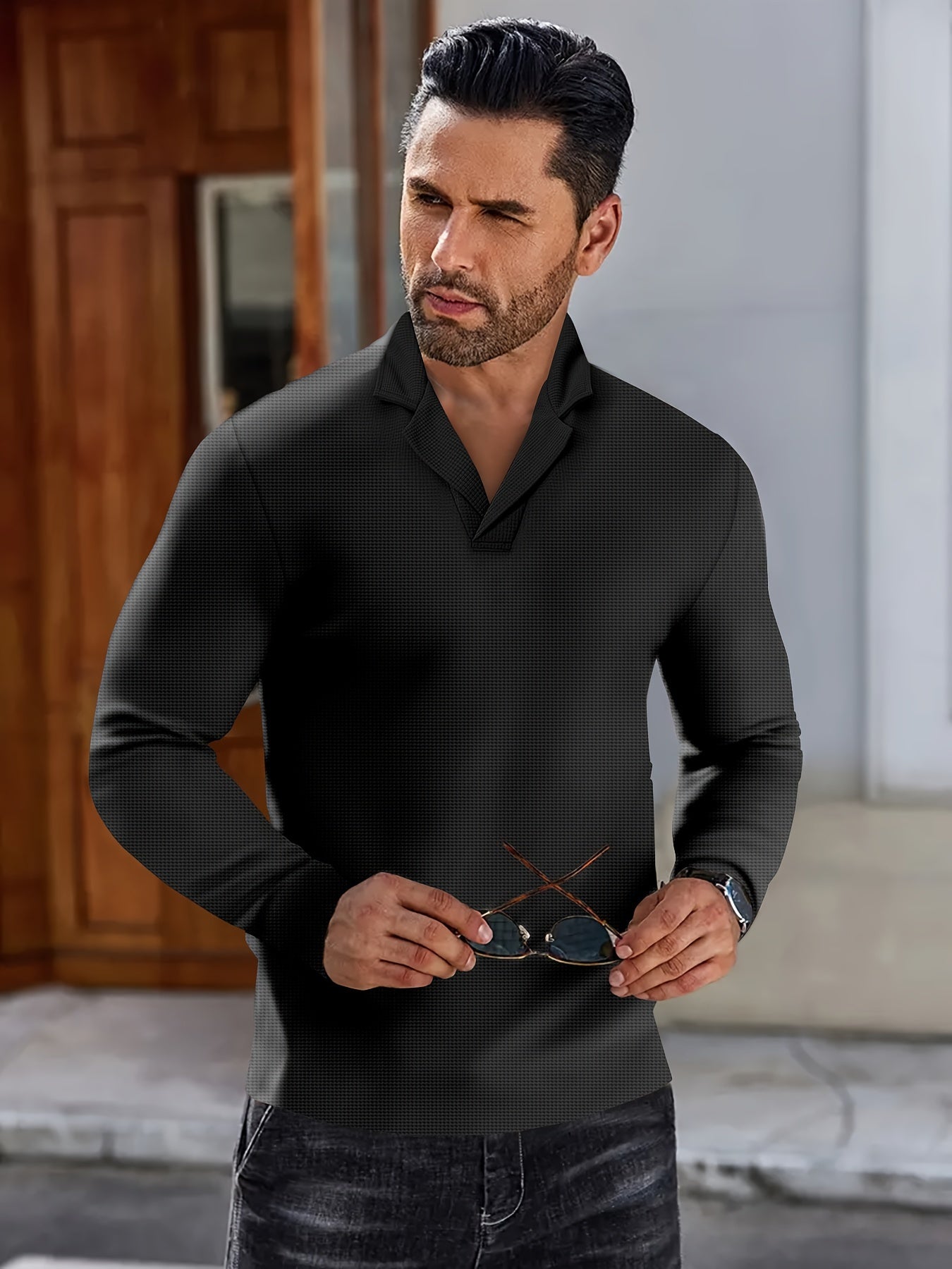 Men's Casual Long Sleeve Knitted Shirt With Suit Collar - Spring/Autumn Long Sleeve Pullover Top