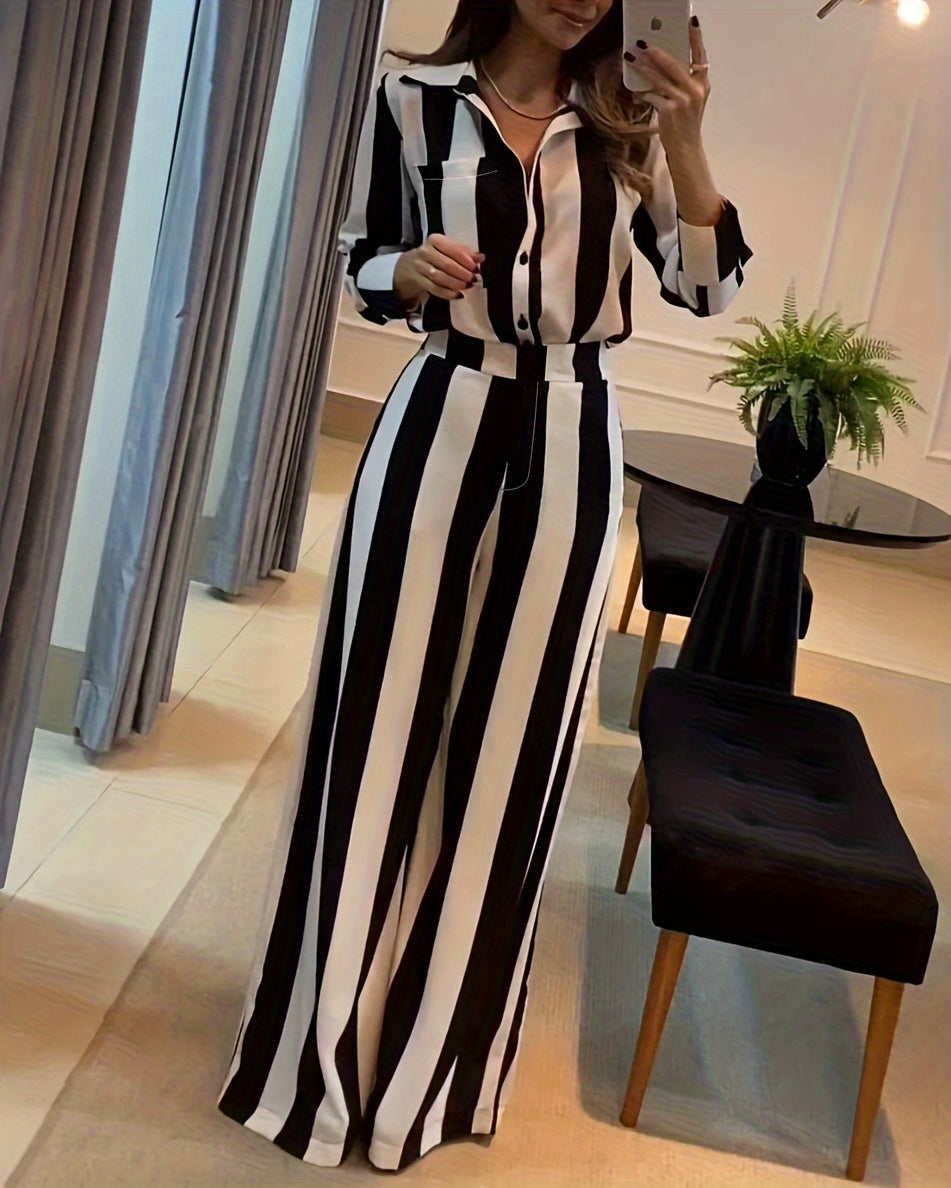 Women's Elegant Striped Shirt and Wide-Leg Pants Set, Polyester, Button-Down, Regular Sleeve, Long Sleeve, Spring/Summer Collection, H-Fit, Solid Color